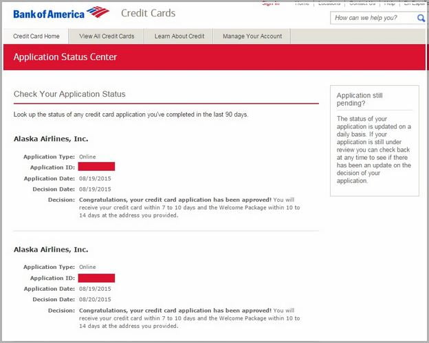 Bank Of America Credit Card Application Status Number