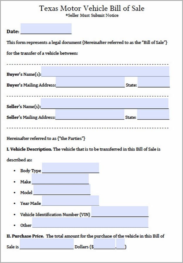 Bill Of Sale Texas