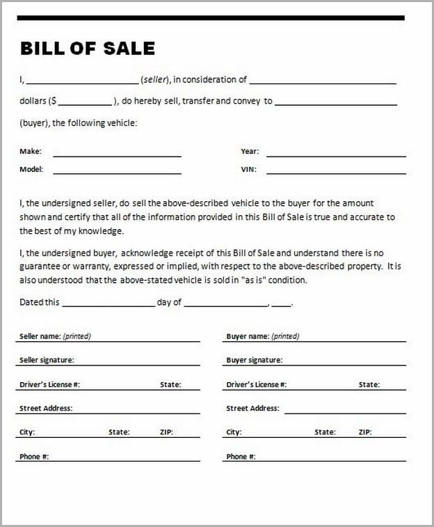 Bill Of Sales Car