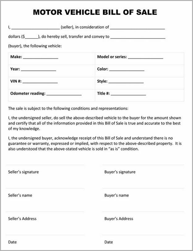 Bill Of Sales Form