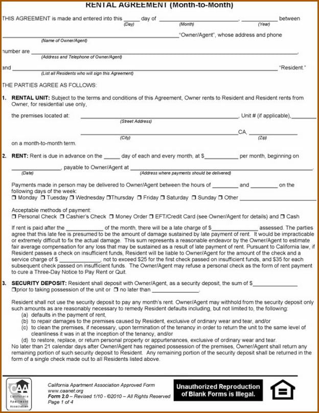 California Lease Agreement Month To Month