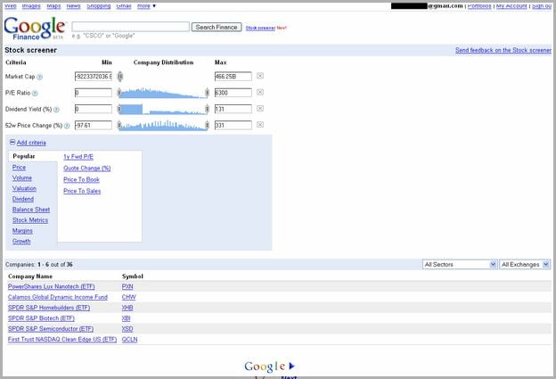 Google Finance Stock Screener Page