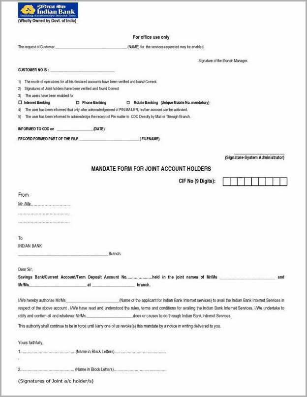 Indian Bank Net Banking Form