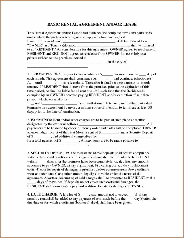 Basic Rental Agreement Or Residential Lease Example